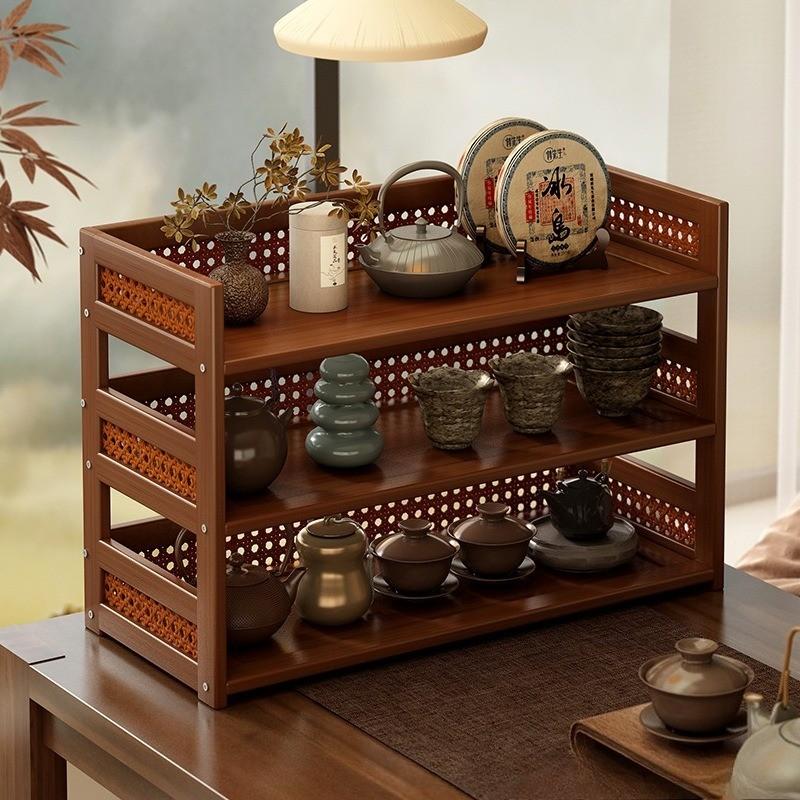 Tabletop Cup Holder Storage Display Rack, Tea Set Cups Water Glasses Coffee Mugs Organizer, Kitchen Counter Shelf, Bamboo Wood Stand