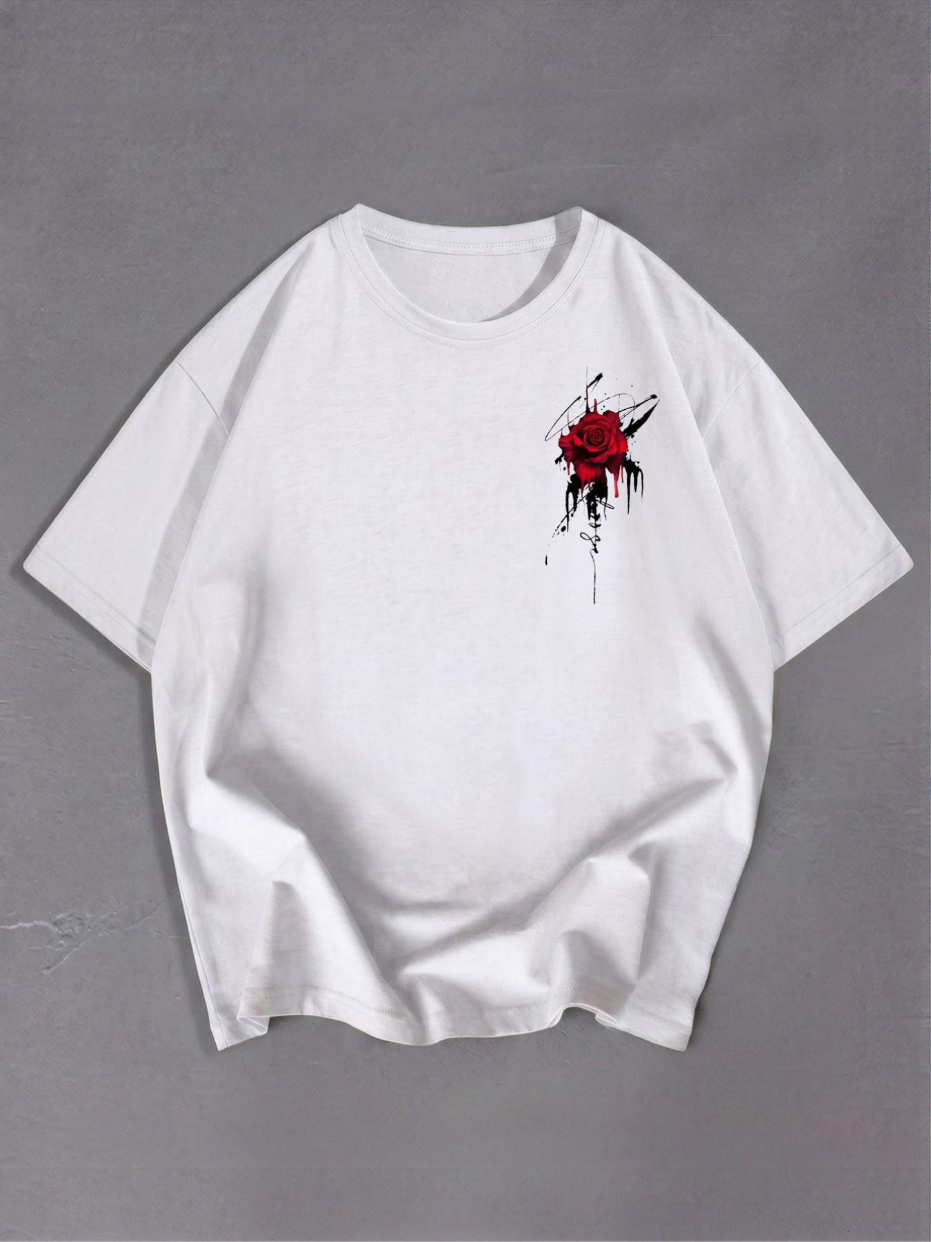 Doodle Rose Print Crop T-Shirt, Artistic Romantic Style, Casual Fitted Design, Daily Wear, Trendy Art Lover Clothing, Street Fashion