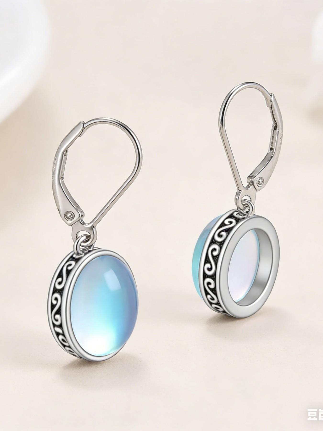 Women's 925 Silver Vintage Bohemian Oval Moonstone Dangle Earrings, Hypoallergenic Fashion Jewelry, Perfect for Daily Wear and Gifts
