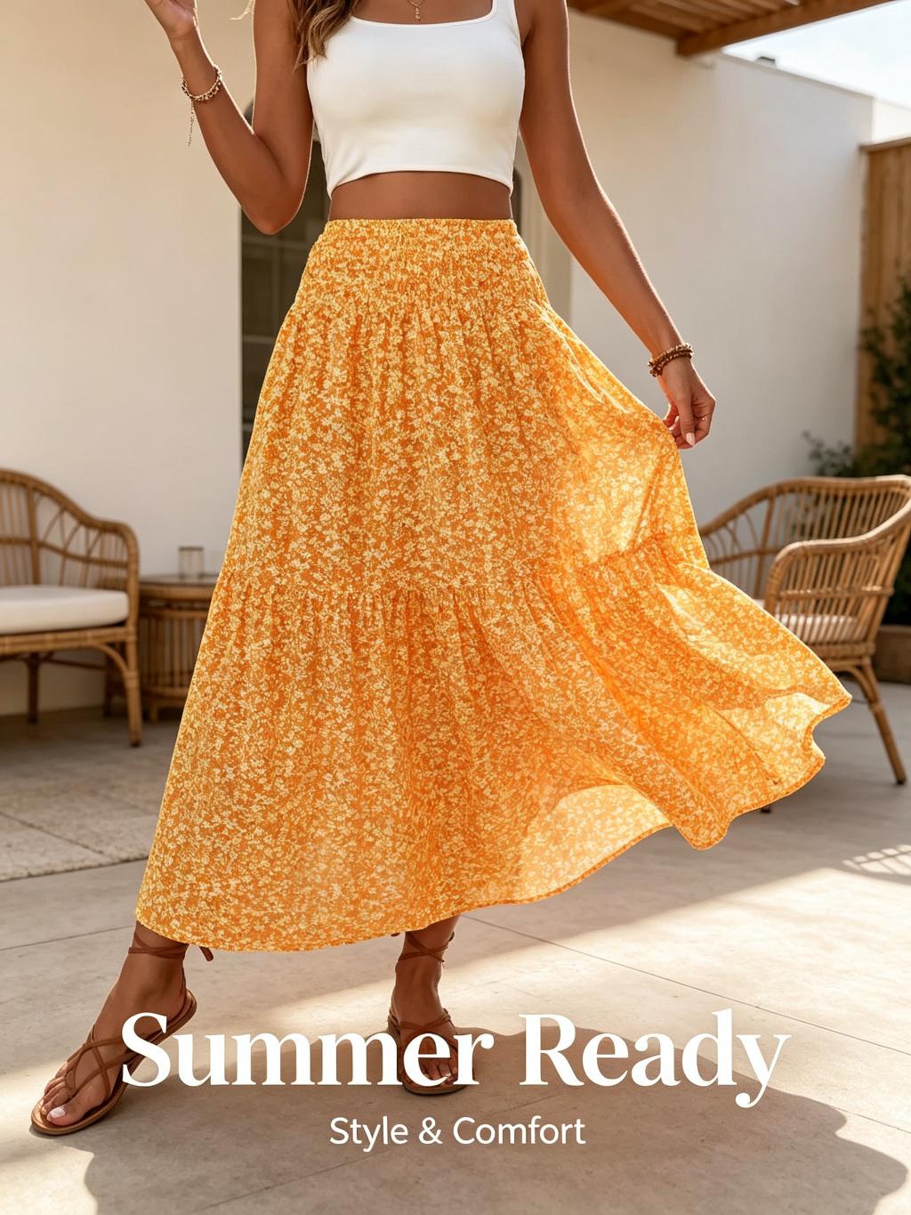 A-line long floral print midi skirt - autumn/spring premium patchwork women's skirt, Lady, Skirts