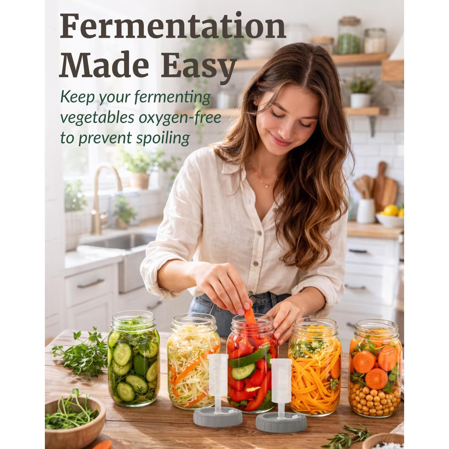 Mason Jar Fermentation  - Easy to Use Fermenting  for Wide Mouth Mason Jars - Make Delicious Sauerkraut & Kimchi, Airlocks Fermentation Kit, Burping Air Lock Fermenters - Set of 2