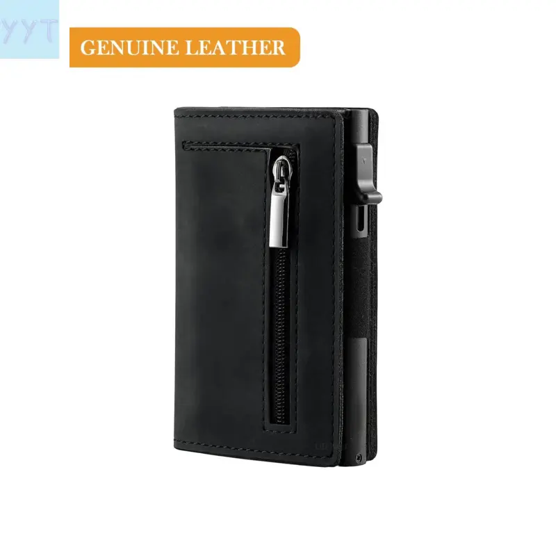 YYT1 Cow Leather Men Rfid Card Holder Leather Pop Up Aluminum Case Credit Cardholder Black Wallets Slide Function Cards with Zip, Business, Gift Men