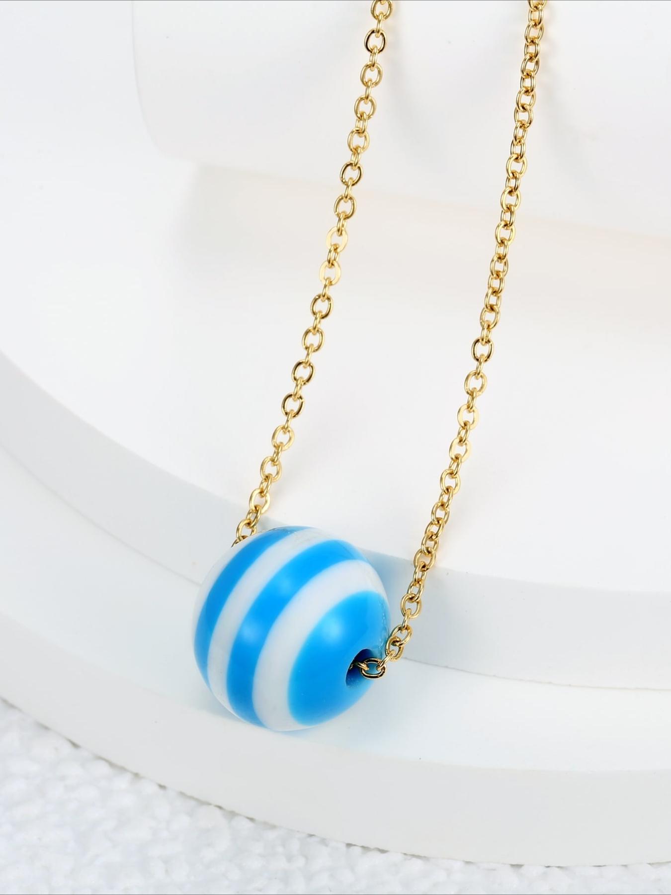 Summer Seaside Blue and White Striped Round Bead Necklace Stainless Steel Non Fading Seaside Vacation Versatile Accessories