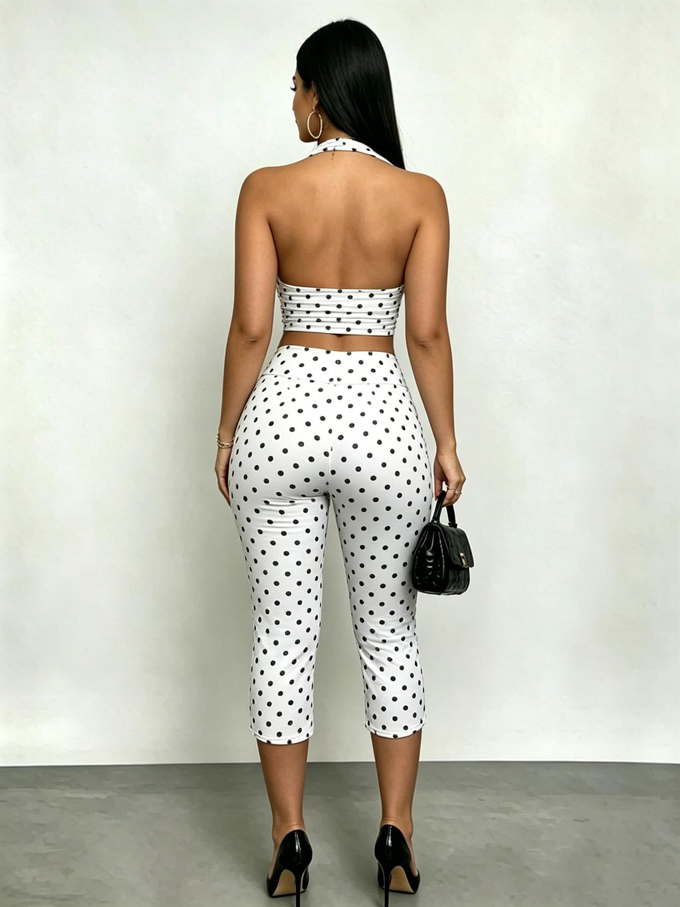Tiktok Viral 2026 Women's 2 Pack Polka Dot Set, Halter Neck Deep V Crop Top & High Waisted Capri Leggings, Y2K Retro Streetwear, Outfit, Stretchy