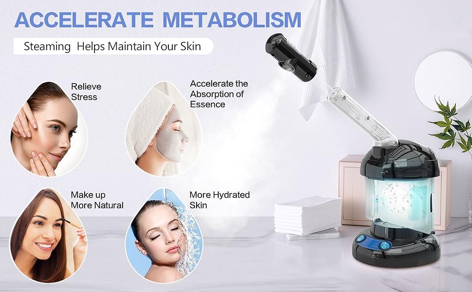 Facial Steamer - Ozone Steamer with Extendable Arm - Professional Nano Ionic Facial Steamer for Deep Cleaning - Portable for Personal Care Use At Home Or Salon