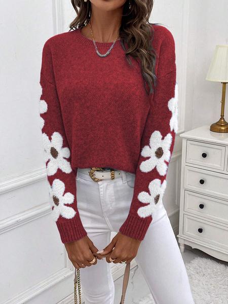 Women's New Loose Round-Neck Floral Pattern Long-Sleeve Pullover Sweater for Autumn and Winter, Elegant Casual Knitwear