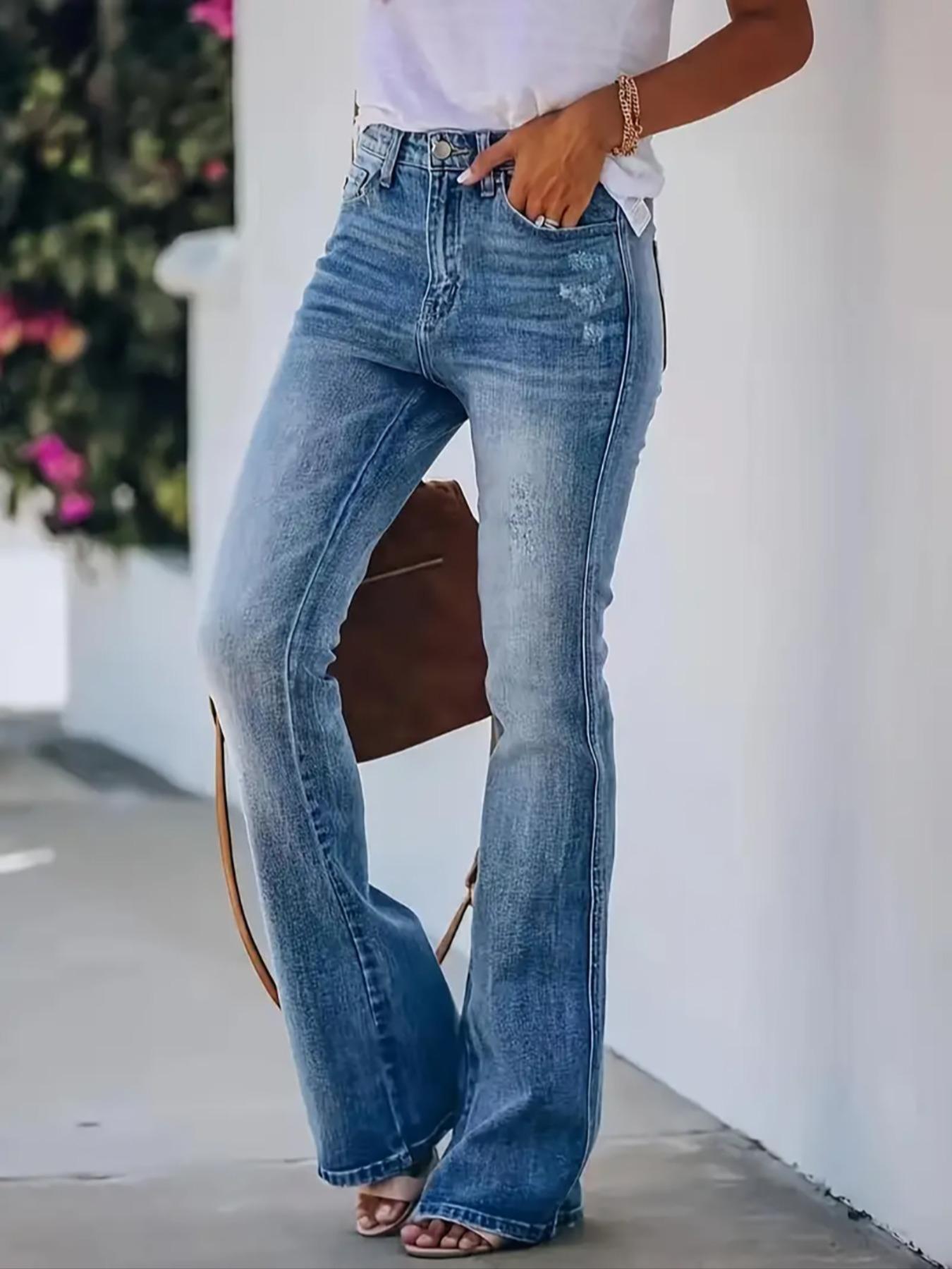 Women's Gradient-Color Slim-Fit Bootcut Jeans with Button, Fashion Mid-Rise Stretchy Washed Denim Pants, Bohemian Style for All Seasons