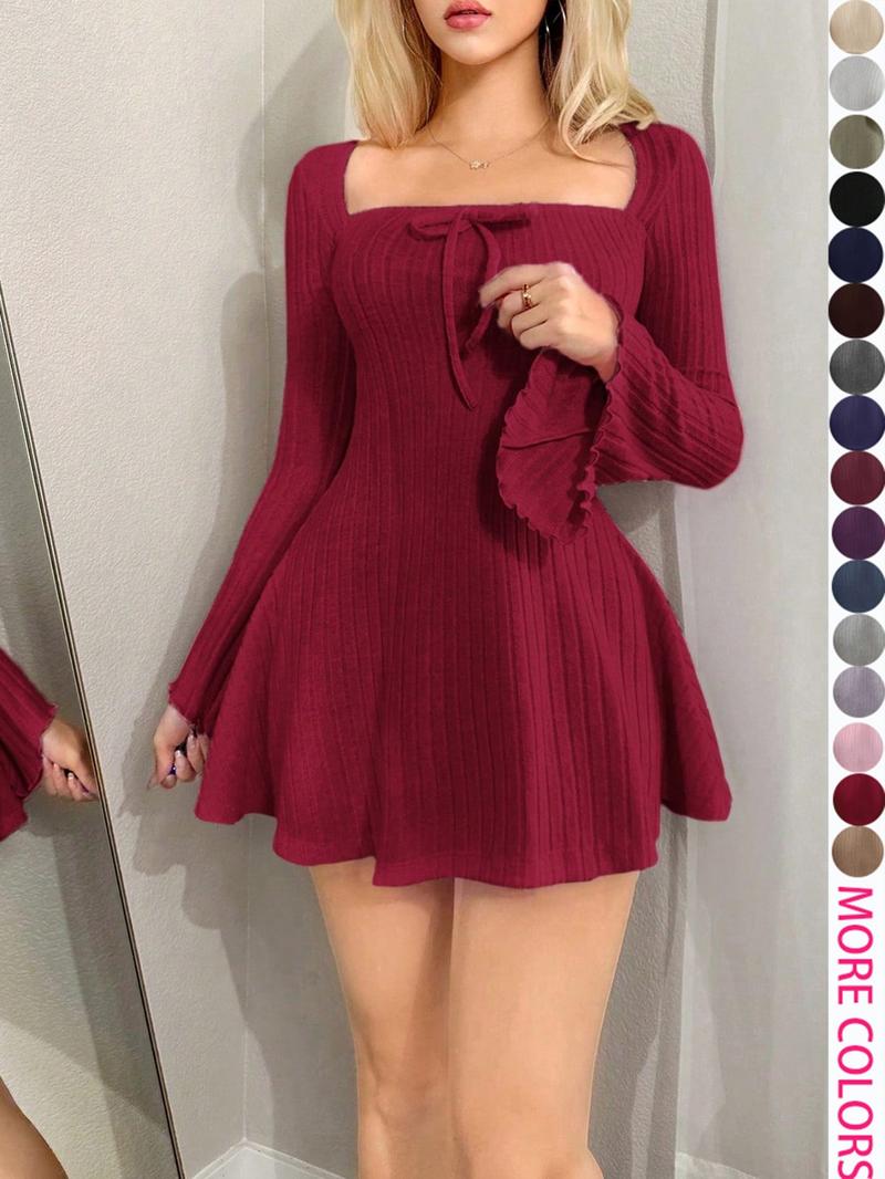 Y2K Style Women's Long Sleeve Mini Dress with Square Neck and Flare Sleeves, Casual for Spring & Fall