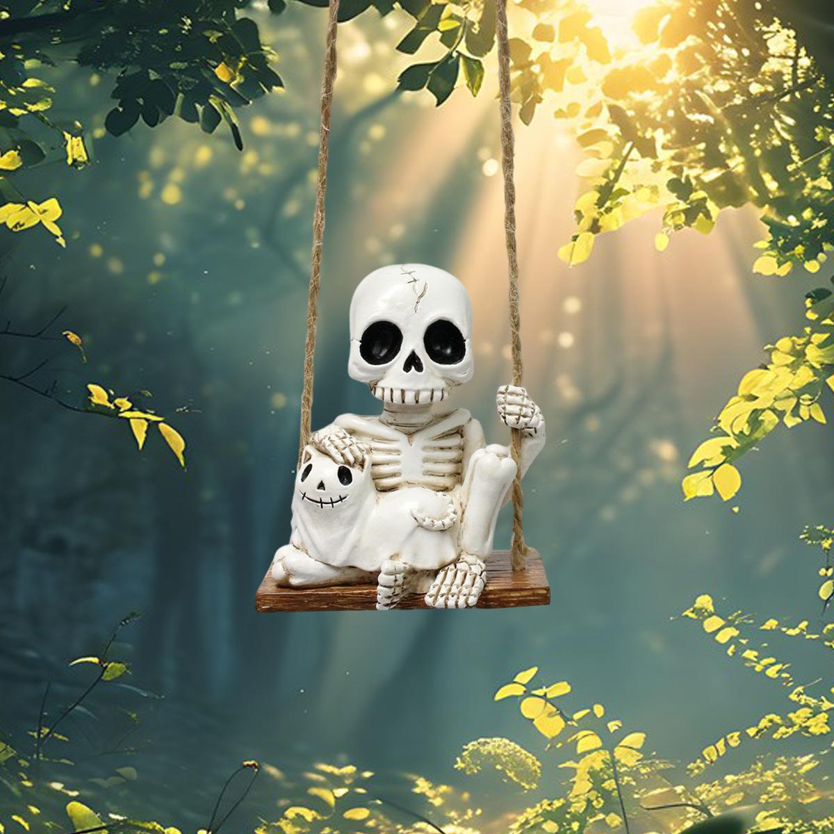 Outdoor Swing Skull Cat Ornament, Spring Garden Courtyard Hanging Skull Statue, Fun Small Skull Decor, Halloween Decoration