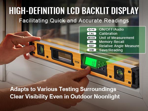 VEVOR Magnetic Torpedo Level, 600mm, LED Backlit Screen Mechanical Bubble Vials Ruler for 0-360 Degree, Gravity Sensor Aluminum Alloy Leveler Tool w/ Viewing Window, Shock-Resistant for Plumbing, Wood
