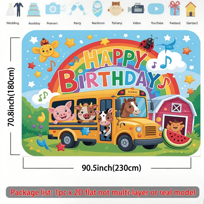 2D flat banner, 1pc Happy birthday with animals bus. Background Decoration Background Photo Props, Polyester Banner Decor, Home Decor, Room Decor, Wall Decor, birthday Party Background Decor, Party Decor/supplies/gifts Decorative Background