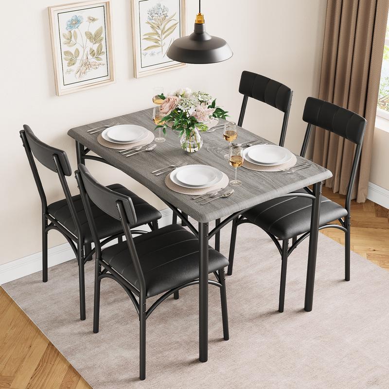 Dining Table Set for 4, Kitchen Table and Chairs, Metal and Wood Rectangular Dining Room Table Set with 4 Upholstered Chairs, 5 Piece Dining Set for Small Space, Apartment, Rustic Brown,Black,Grey Furniture Modern Home
