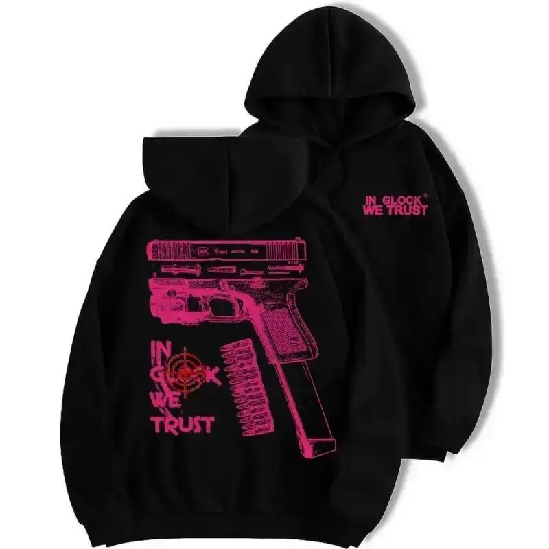 Men's Blush Pink Glock Graphic Print Hunting Hooded Pullover - Longsleeves, Loose Fit, Unisex Fit, Standard Sizes, All-Season Casual Men's Hoodies Gift Top Menswear Sweatshirts