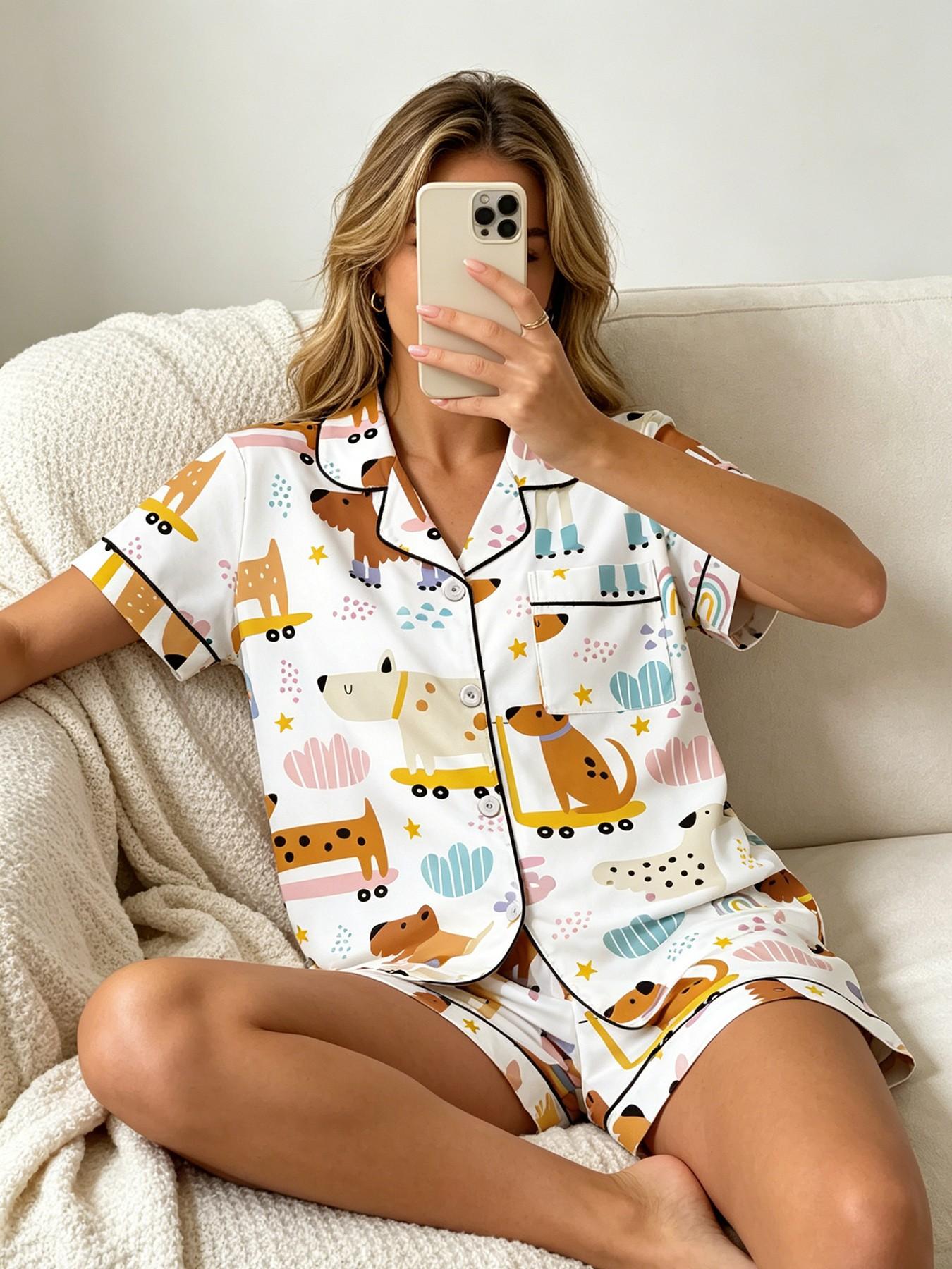 Women's Short Sleeve Button Down Top and Shorts Pajama Set, Spring Summer Wear, For Unique Style Lovers, White Base One Of A Kind Print, Classic Lapel Collar, Loose Fit, Comfortable For Home & Gatherings