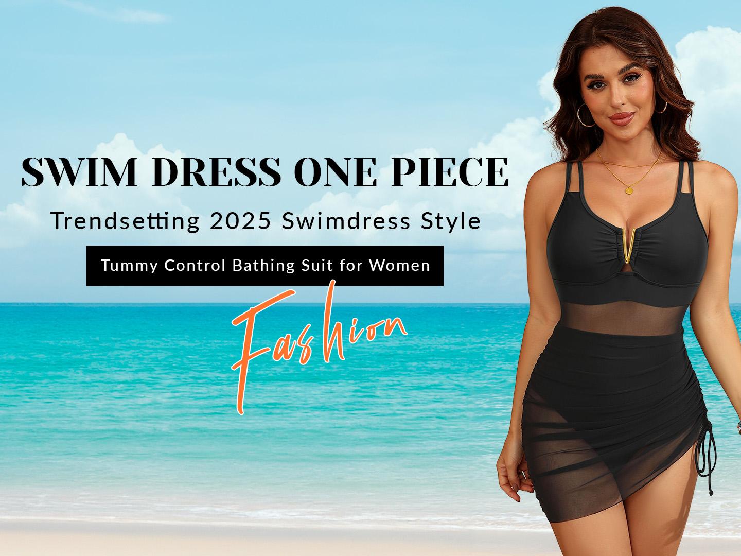 Yonique Womens Swim Dress One Piece - Swimsuit with Skirt Tummy Control Bathing Suit Mesh V-Wire Cutout Swimwear 2026