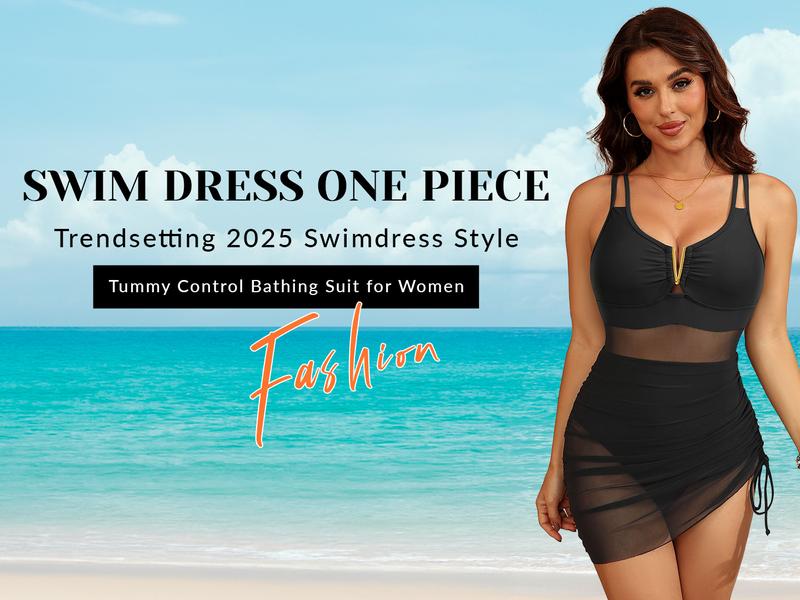 Yonique Womens Swim Dress One Piece - Swimsuit with Skirt Tummy Control Bathing Suit Mesh V-Wire Cutout Swimwear 2026