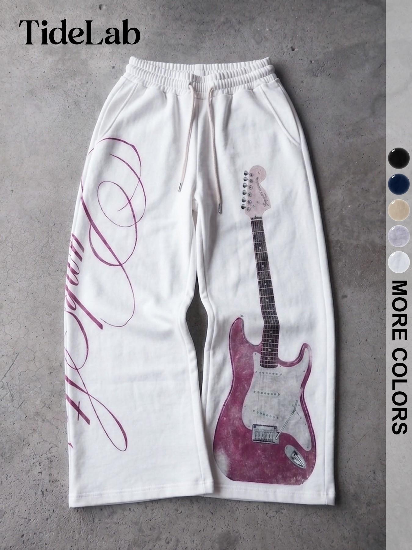 Unisex Vintage Electric Guitar Print Comfy Loose-Fit Classic Relaxed Fit Casual Pants, Classic Streetwear Style, Ideal for Daily Wear and Music Festivals