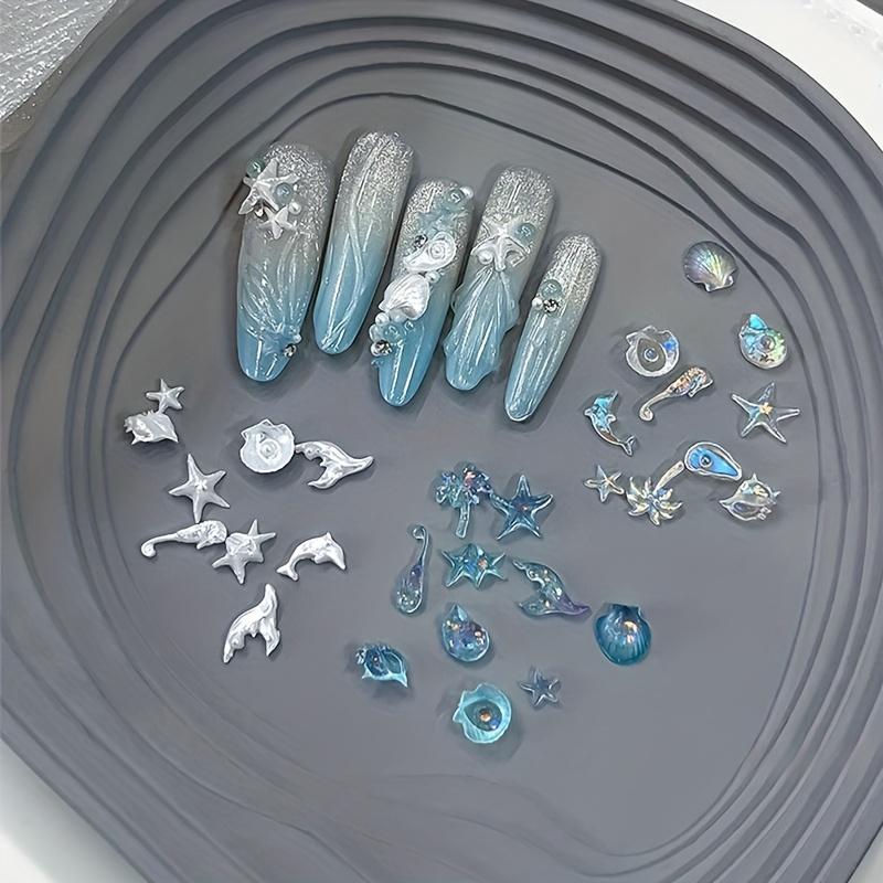 50pcs Assorted Pearlescent Shell Nail Charms Ice-Clear Aurora Ocean Series Starfish Scallop Resin Nail Decorations