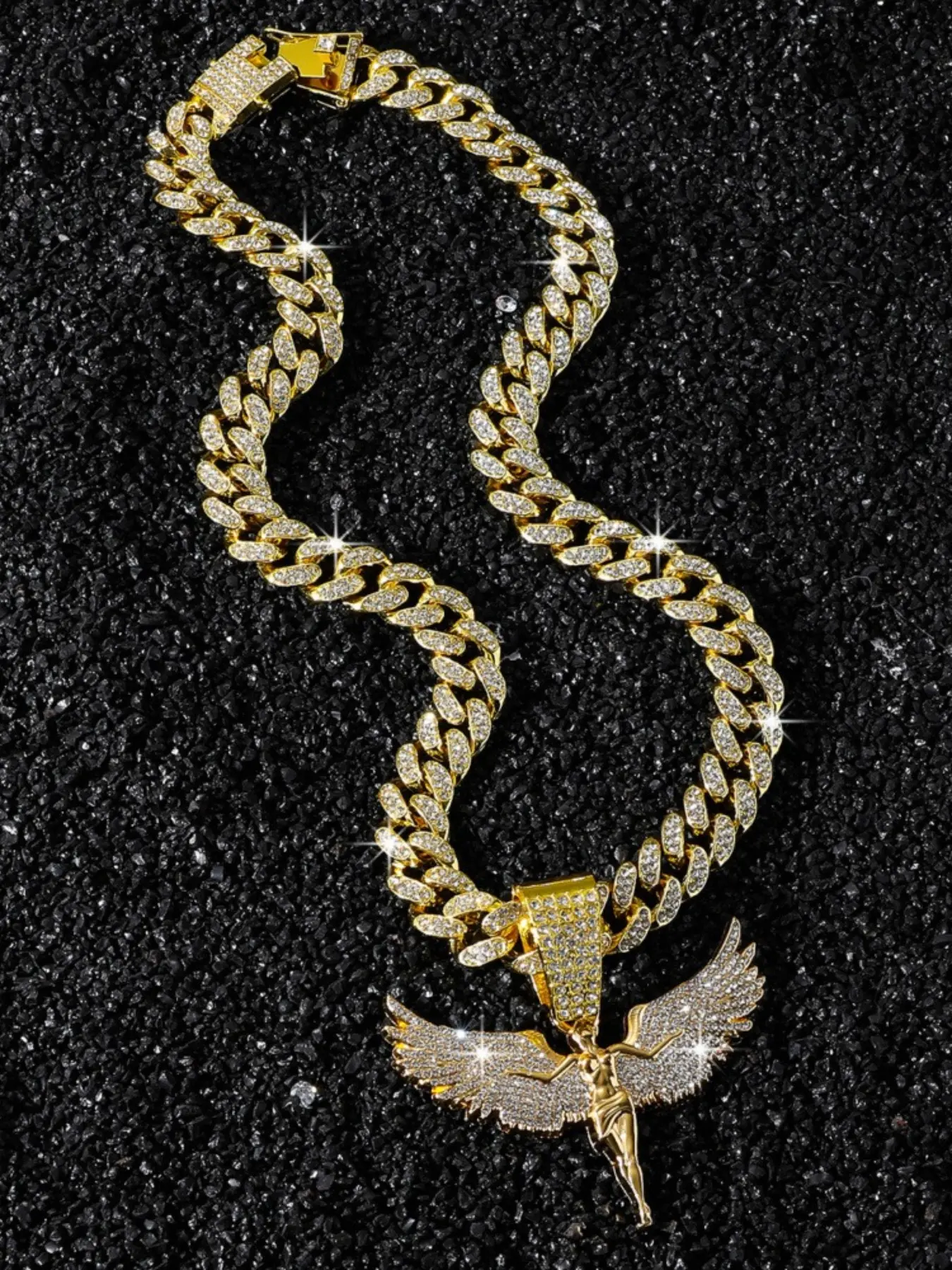 American Rap Style Large Wing Angel Pendant, Full Diamond Wide Cuban Chain, Cuban Link Design, Unique Men's Bling Necklace, Fashion Jewelry Accessory