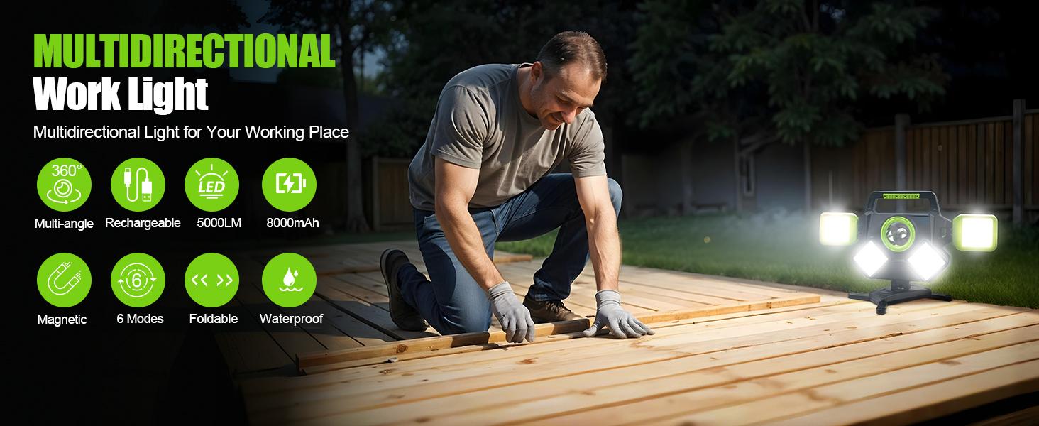 55W Rechargeable Work Light, 5000LM Magnetic Work Light, Foldable&360° Rotatable Led Work Light with 6 Light Modes, Powerbank, Portable Work Lights for Mechanic Jobsite Workshop Car Repairing