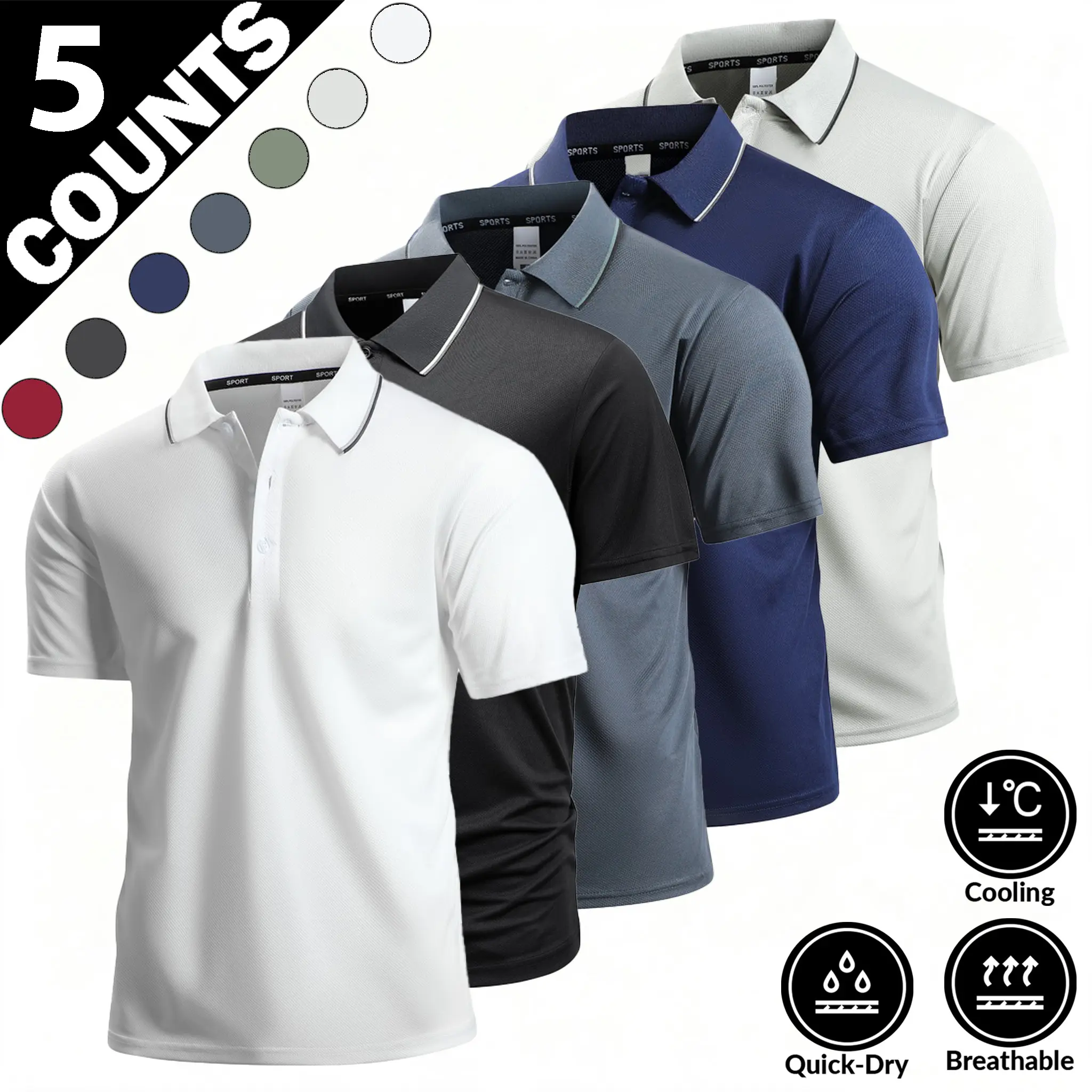 New 2026 five-piece pack of men’s sport quick-dry Polo shirts constructed with professional bird-eye mesh fabric optimized for sports and daily casual use.The distinctive honeycomb bird-eye porous weave delivers outstanding air permeability, speeding up