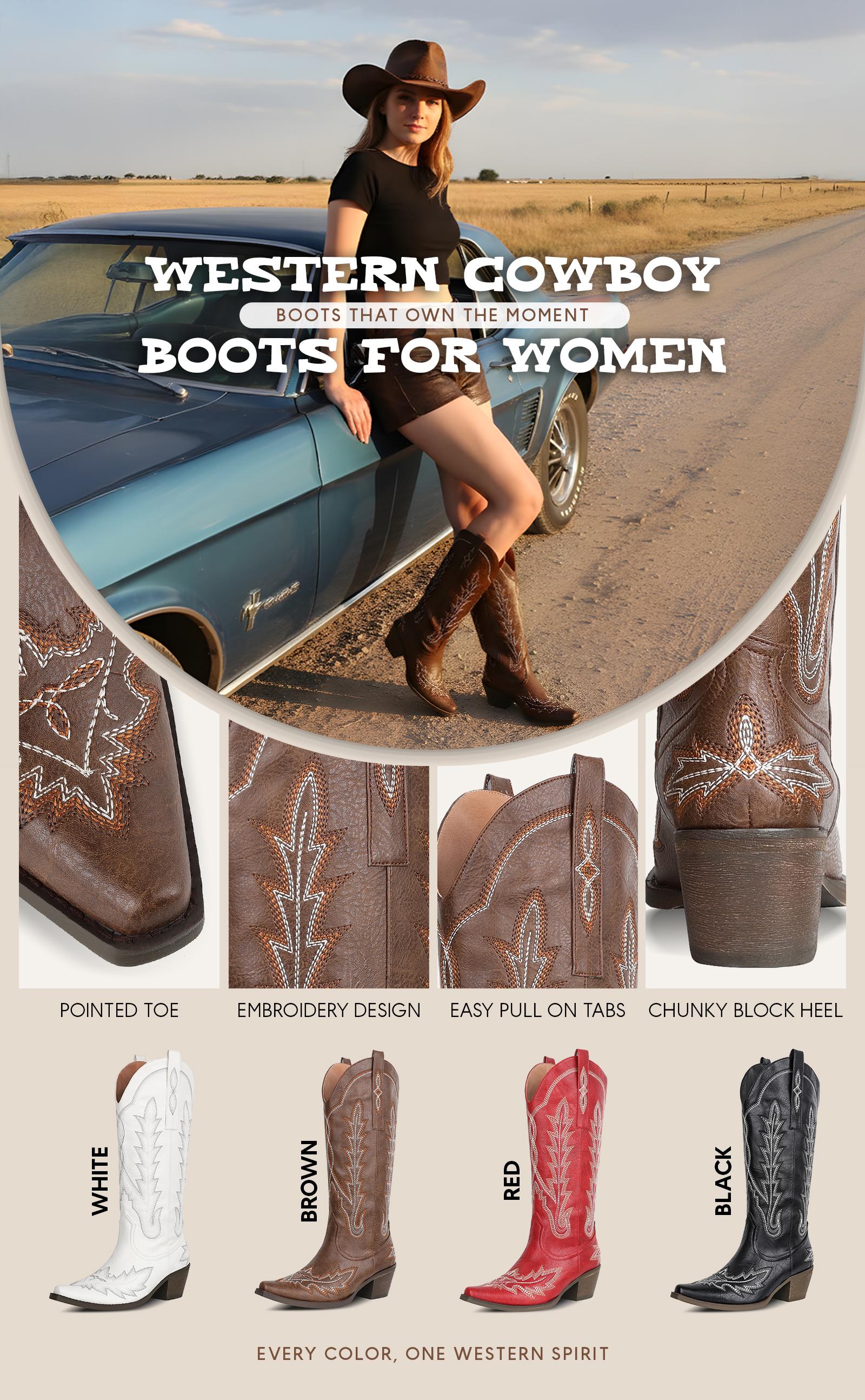 CELNEPHO Women Cowboy Boots Pointed Toe Block Heel Knee High Boot Western Embroidered Design Vintage Booties Easy Pull on Tabs Horse Riding Country Wedding Date Gift Cowgirl Dress Shoes