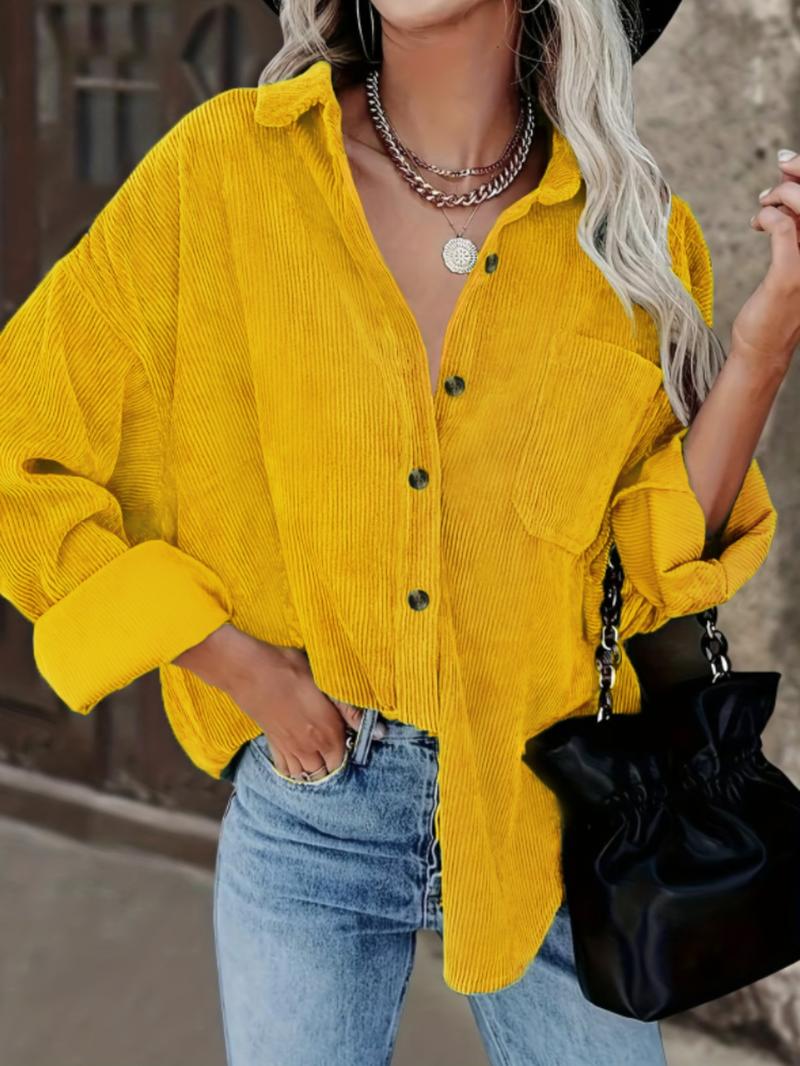 Women's Corduroy Shirt With Pocket, Drop Shoulder Style For Spring & Fall