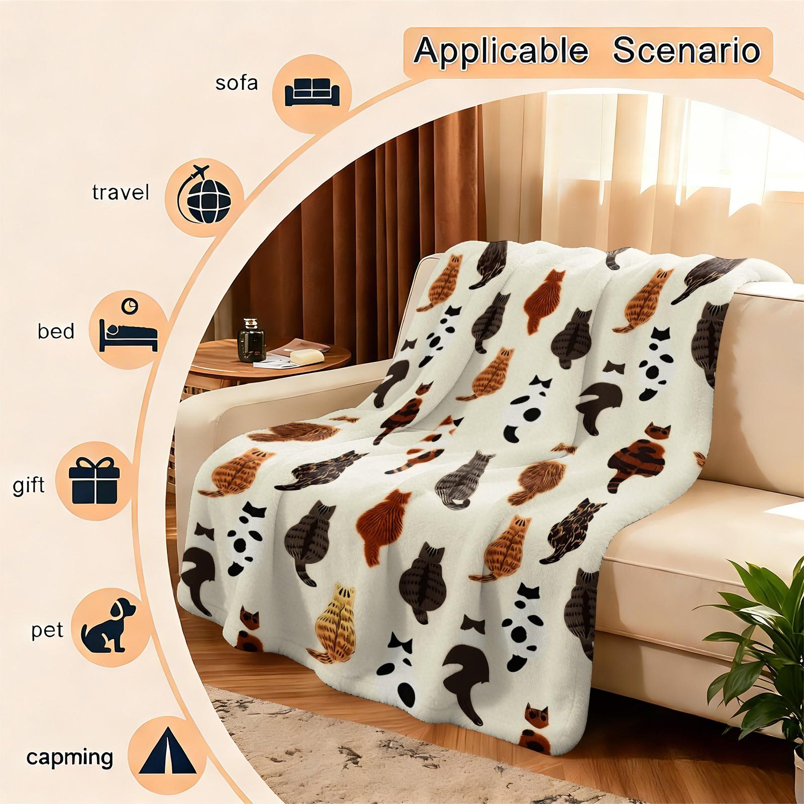 Cute Cat Back Print Flannel Throw Blanket, Soft Warm Fleece Blanket for Couch Bed Sofa, Cozy Plush Gift Blanket with Funny Cat Pattern, Lightweight Decorative Blanket for All Seasons, Perfect Gift for Cat Lovers, Friends & Family