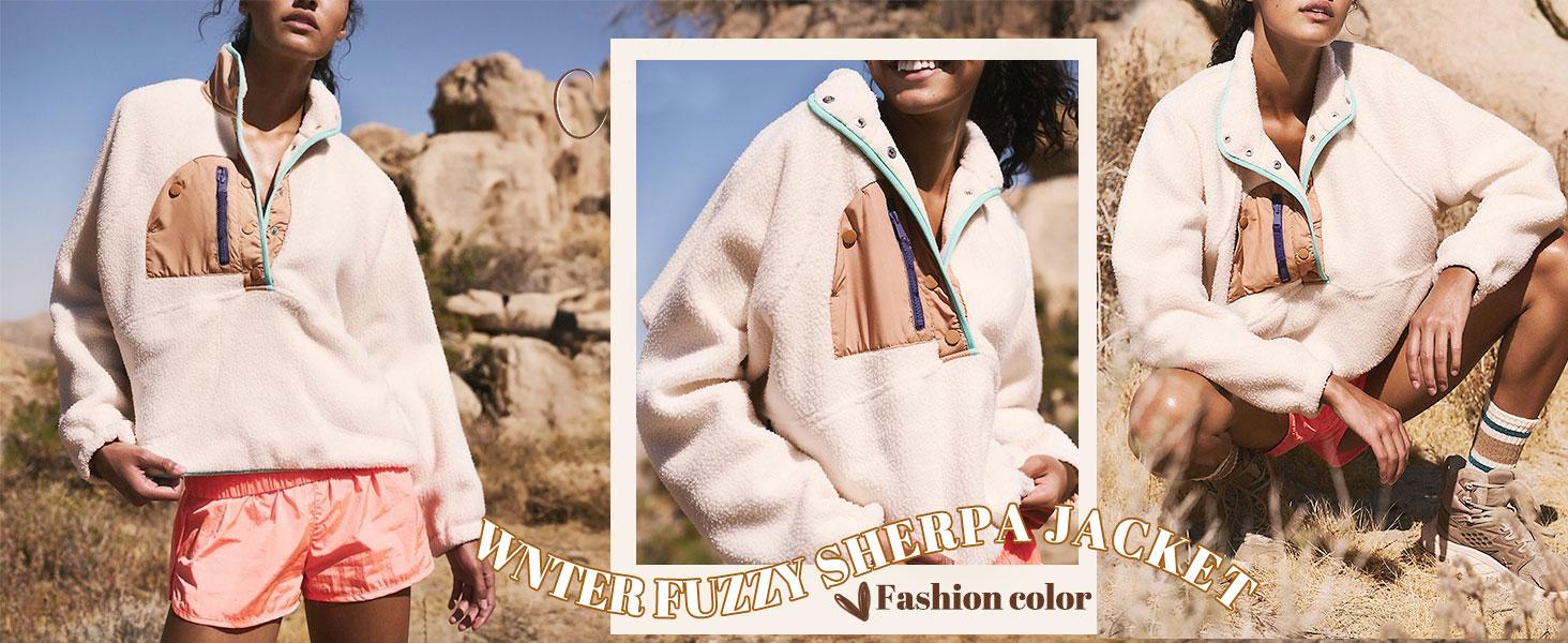 SCUSTY Women’s Lightweight Fleece Pullover Jacket Cropped Fall Winter Fuzzy Sherpa Jacket Sweatshirt Coat with Pockets
