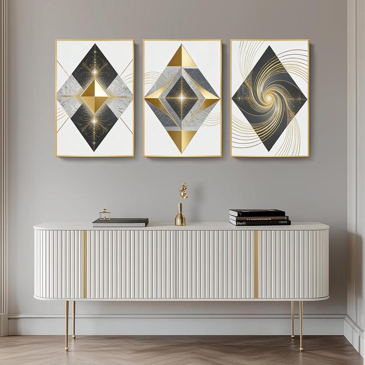 3 Counts Aluminum Alloy Framed Painting, Geometric Gold And Marble Abstract Art Pictures, Home Decoration For Living Room, Bedroom, Office, Restaurant, Hallway Wall Decor, Odorless Print Artwork, Luxury Perfect Gift For Friends And Family