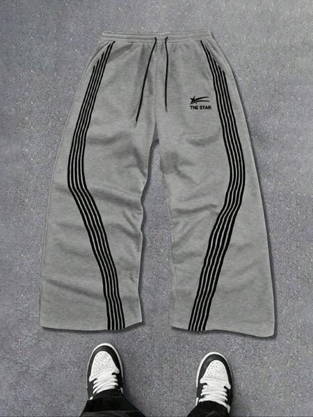 Men's Letter & Star & Striped Print Drawstring Waist Sweatpants, Regular Fit Casual Street Elastic Waist Straight Leg Trousers for Fall & Winter, Sports Casual Pants, Men's Bottoms for Daily Wear