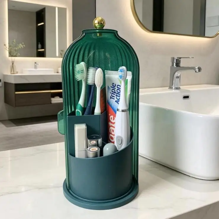 ABS Modern Countertop Toothbrush Holders, 3-Slot Dustproof Toothbrush and Toothpaste Holder with Lid, 360-Rotating Non-Slip Base Bath & Vanity Caddy for Family Bathroom Small Space