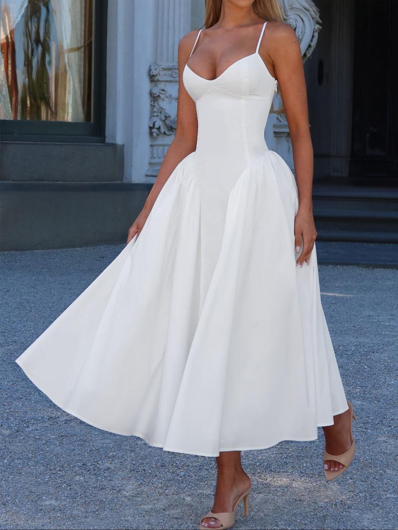 Pure Color Elegant Sleeveless Long Dress, Waist Cinched Design, Fitted Style, Plain Pattern, Perfect for Various Occasions