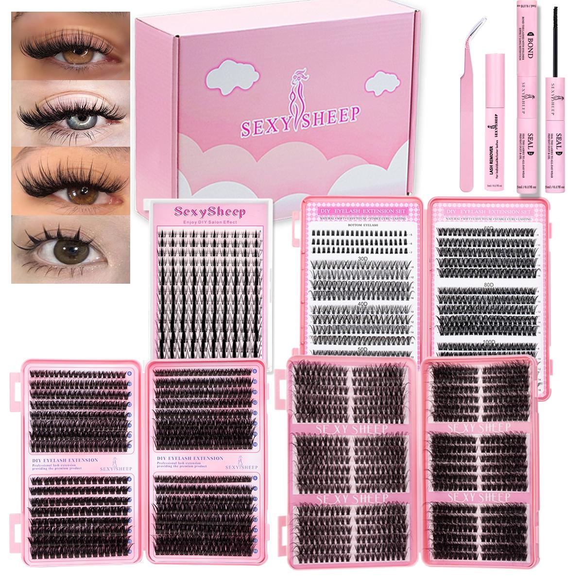 Gift Box Mixed Eyelash Extensions, Fluffy Dense Natural 5-18mm, DIY Lashes with Bond&Seal&Remove&Eyelash Tweezers Large Capacity Set