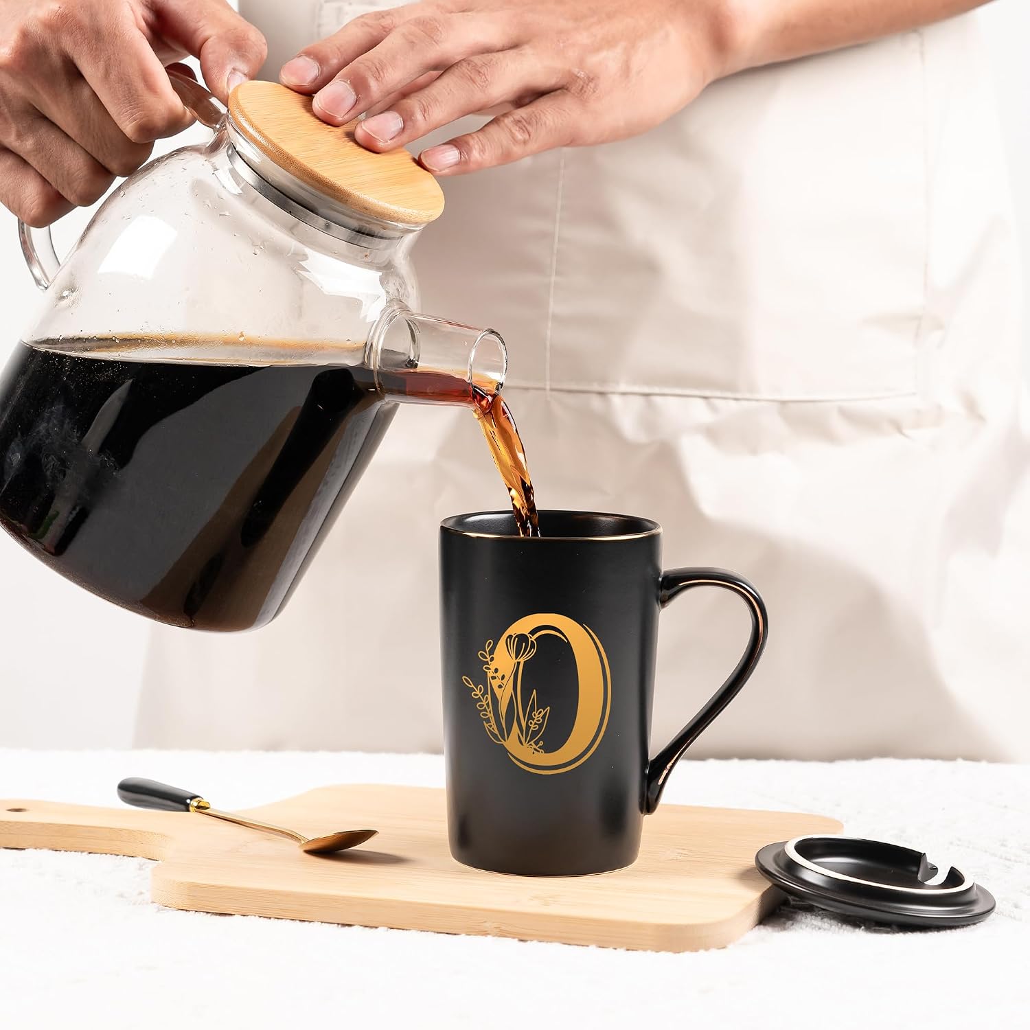 Letter O Personalized Initial Mugs with Flower, Letter O Personalized Coffee Mug, Customized Cool Letters Mugs for Women, Bridal Shower Gifts, Women's Initials Gifts Mug 14 OZ Matte Black