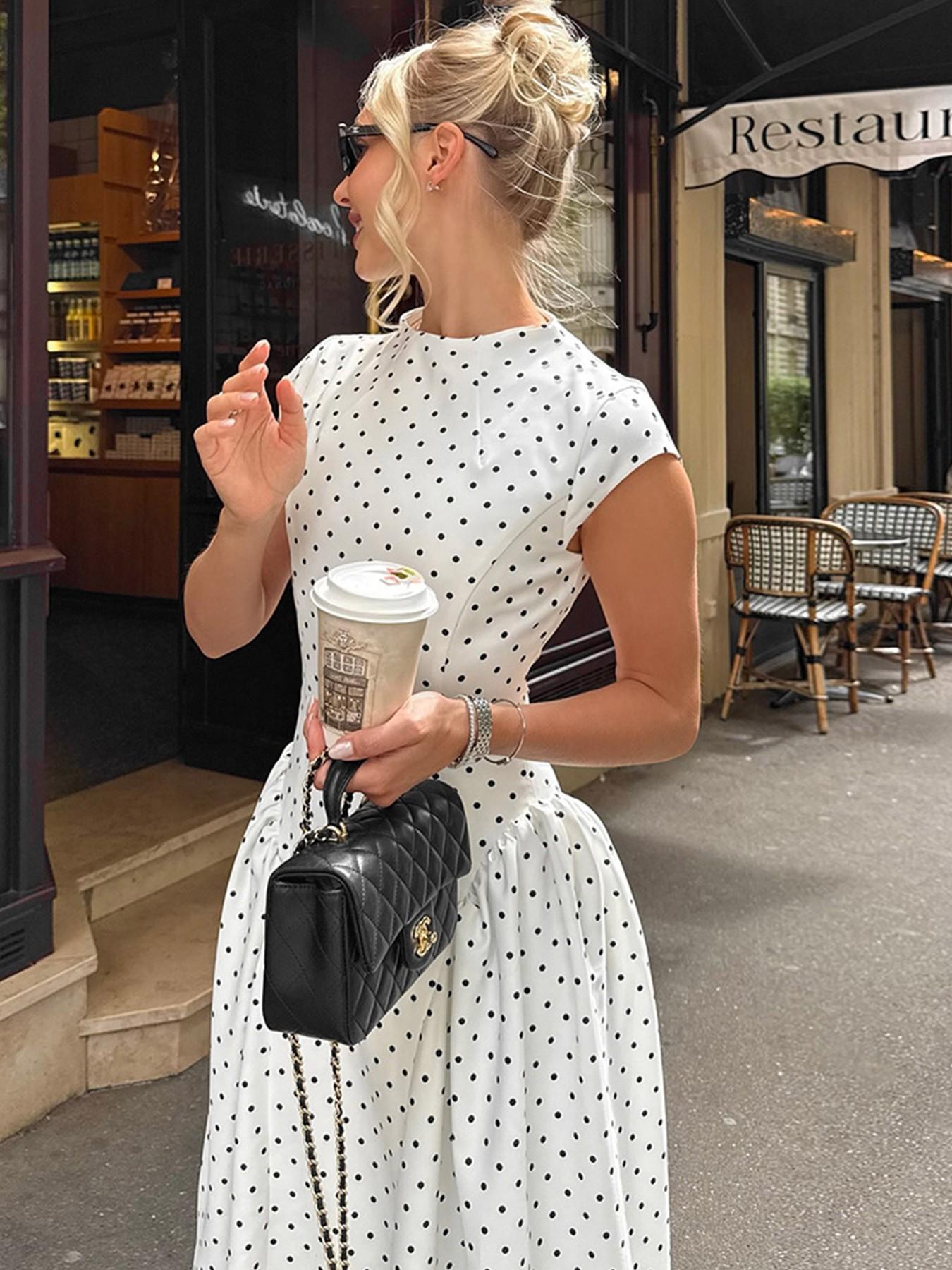 Boho Polka Dot Print A-Line O-Neck Maxi Dress, Elegant Summer Party Casual Long Dress for Women, Fashion Dress for Holiday