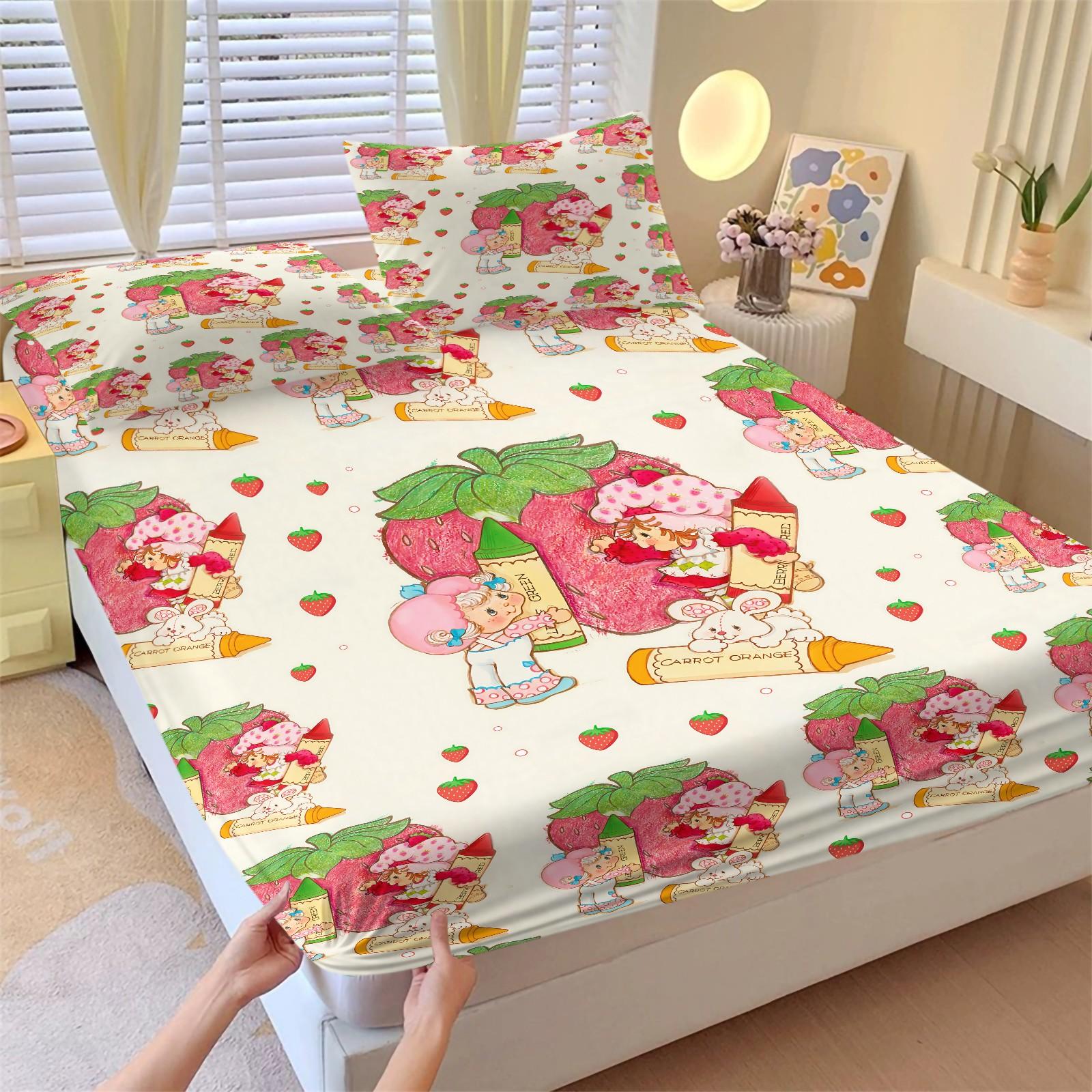 Strawberry Shortcake Fitted Sheet Set, 1 Fitted Sheet + 2 Pillowcases - 3 Pcs Soft Breathable Bedding with Deep Pocket, 360° All-Round Wrap, Wrinkle Resistant, Cute Strawberry Cartoon Bed Sheets for Girls Bedroom Decor, Full Size