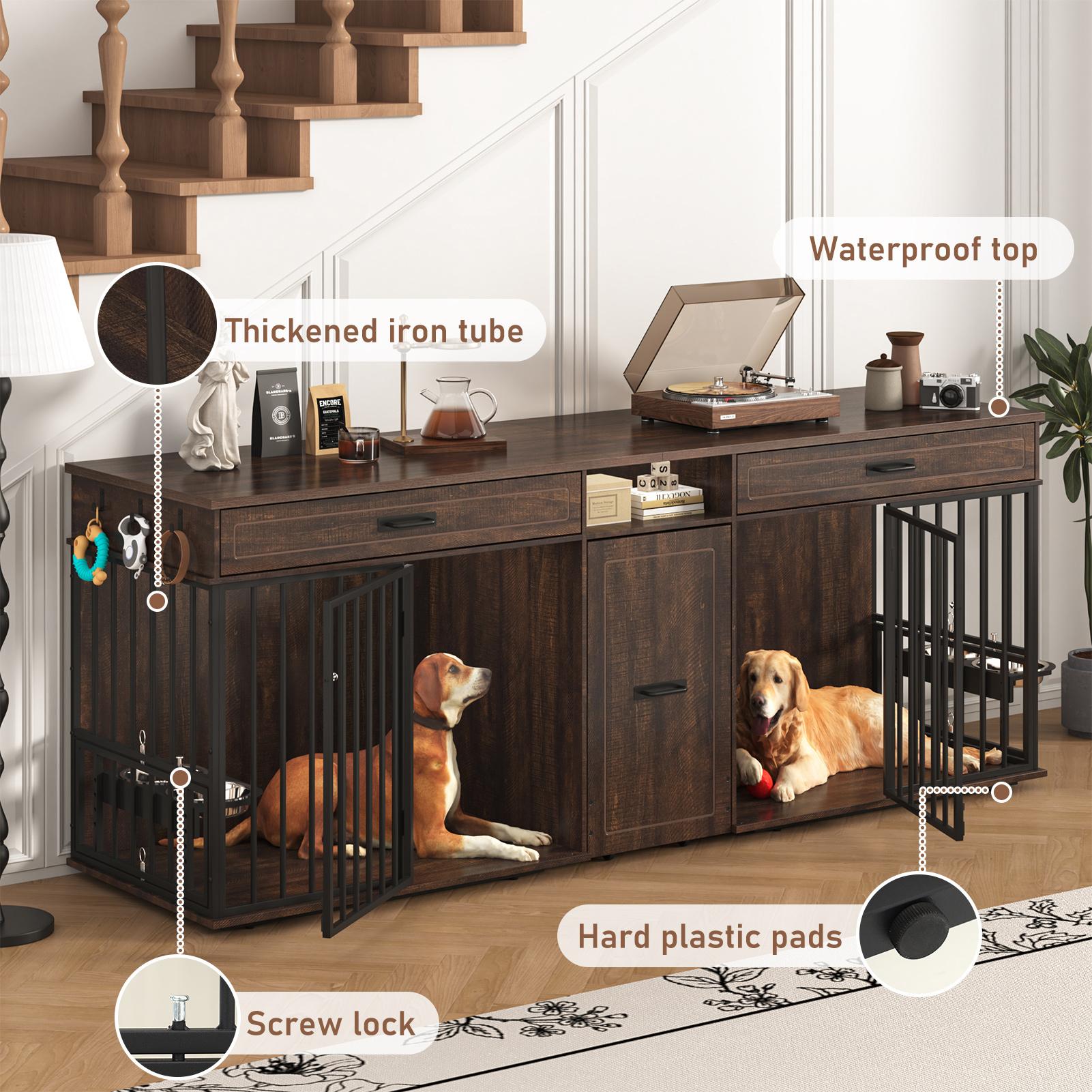 【2Packages Shipping】86.6" Dog Crate Furniture Large Breed TV Stand with Double Rooms, Wooden Dog Kennel Furniture with Dog Bowl, 2 Drawers and Cabinet for Large Medium Dogs, Black/Brown 【2Packages Shipping】86.6" Dog Crate Furniture Large Breed TV Stand with Double Rooms, Wooden Dog Kennel Furniture with Dog Bowl, 2 Drawers and Cabinet for Large Medium Dogs, Black/Brown
