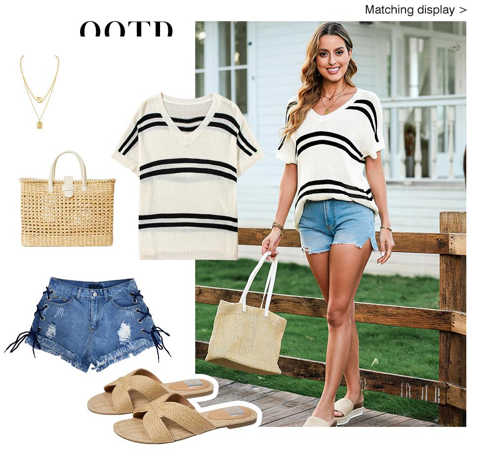 Shewin 2026 SummerVibes Top Women's Short Sleeve Loose Fit Acrylic Striped Stretchy for Casual Wear