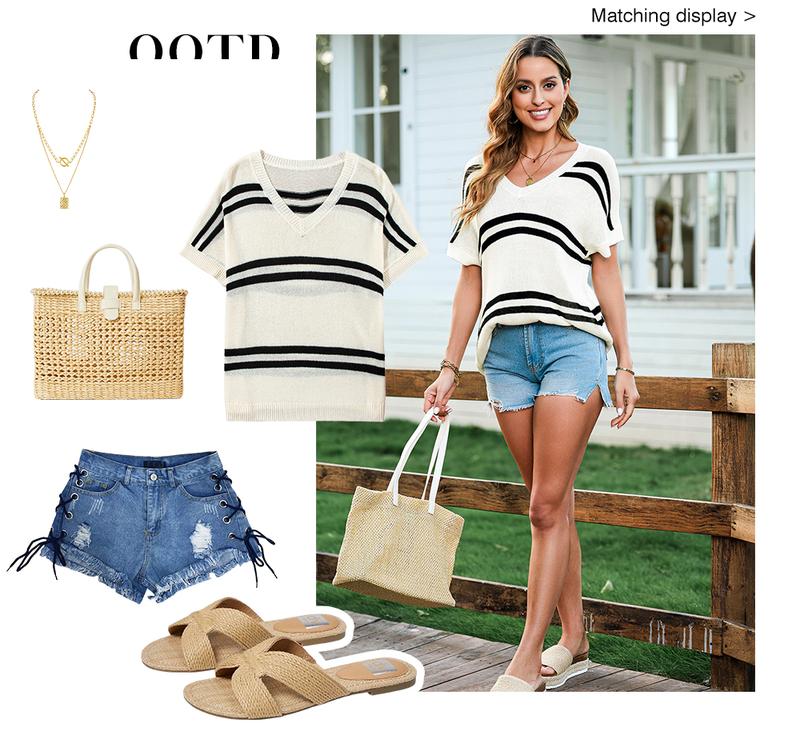 Shewin 2026 Spring/Summer Women's Oversized Knit Sweater Pullover Cozy Striped Crewneck Batwing Sleeve Stretchy Acrylic Top