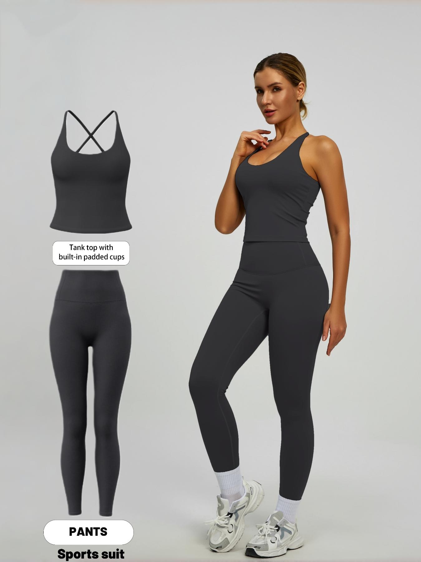 Women's 2-Piece Solid Color Sportswear Set, Sleeveless Backless Tank Top, High Waist Leggings, Slim Fit, Breathable Yoga Gym Outdoor Workout, Stretchable Activewear, Sports Fitness Wear