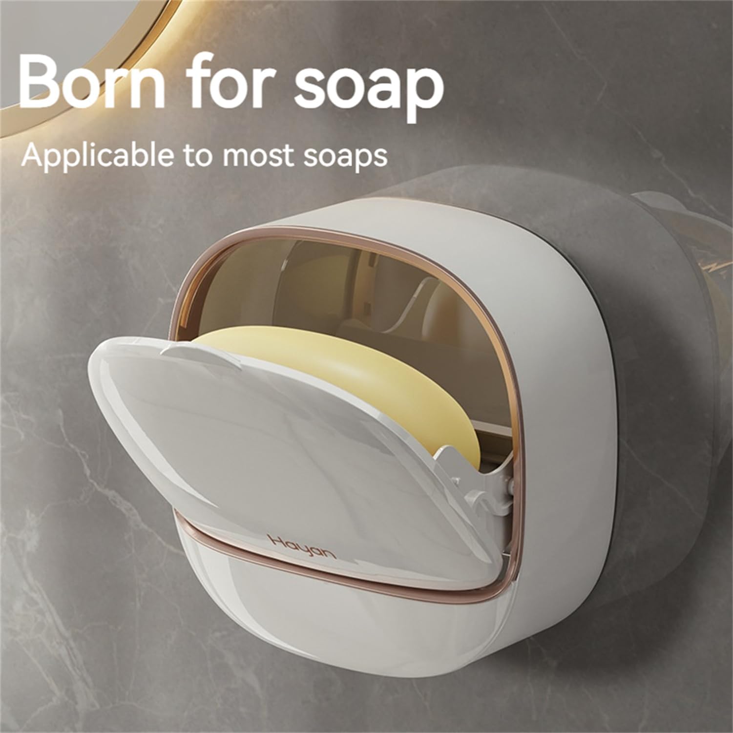 Soap Dish with Drainage Box, Wall Mounted Soap Holder for Shower, Keep Soap Bars Dry, Waterproof Soap Box with Flip Lid for Shower, Punch Free Soap Bar Holder, Drain Tray