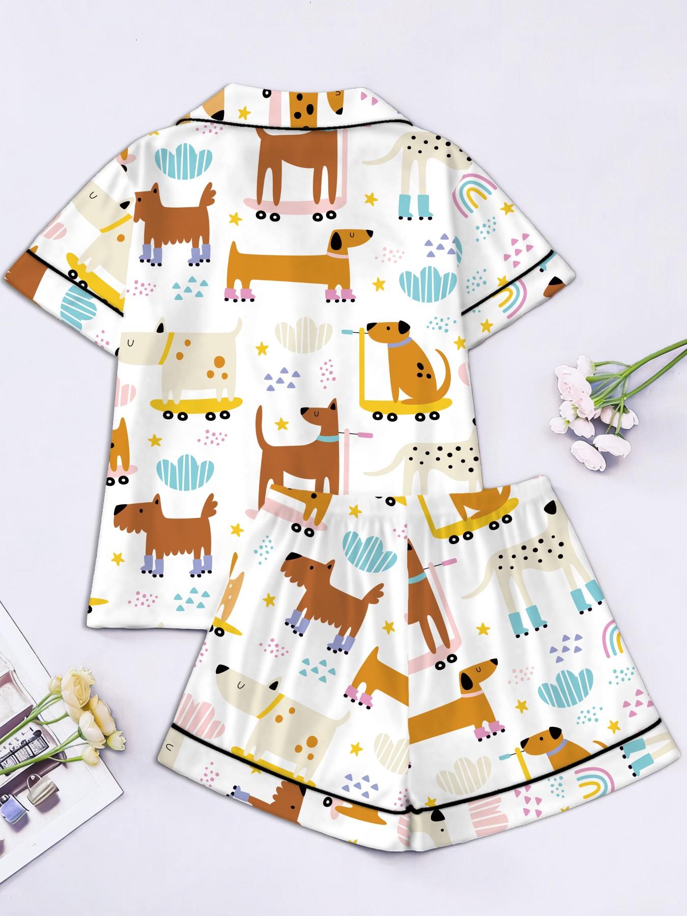 Women's Short Sleeve Button Down Top and Shorts Pajama Set, Spring Summer Wear, For Unique Style Lovers, White Base One Of A Kind Print, Classic Lapel Collar, Loose Fit, Comfortable For Home & Gatherings