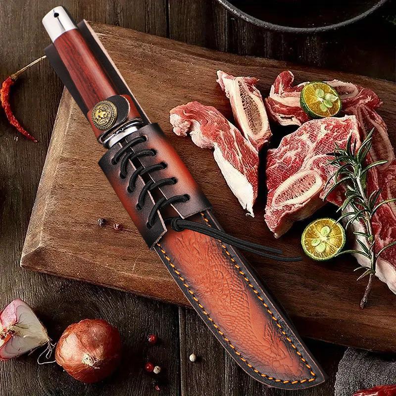 Meat poultry cutting deboning knife, steak knife, kitchen chef knife, barbecue knife, with handmade leather sheath, high hardness stainless steel fixed blade ergonomic anti-slip handle, suitable for home kitchen, camping barbecue cooking, men's gift