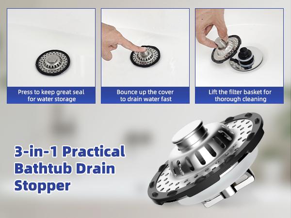 Anylock Universal Bathtub Drain Stopper Shower Drain Hair Catcher, Tub Stopper with Visible Top Strainer, Upgraded 3 in 1 Pop-up Drain Plug Fit for 1.5 to 2.4" Hole, Stainless Steel Filter Basket, Chrome