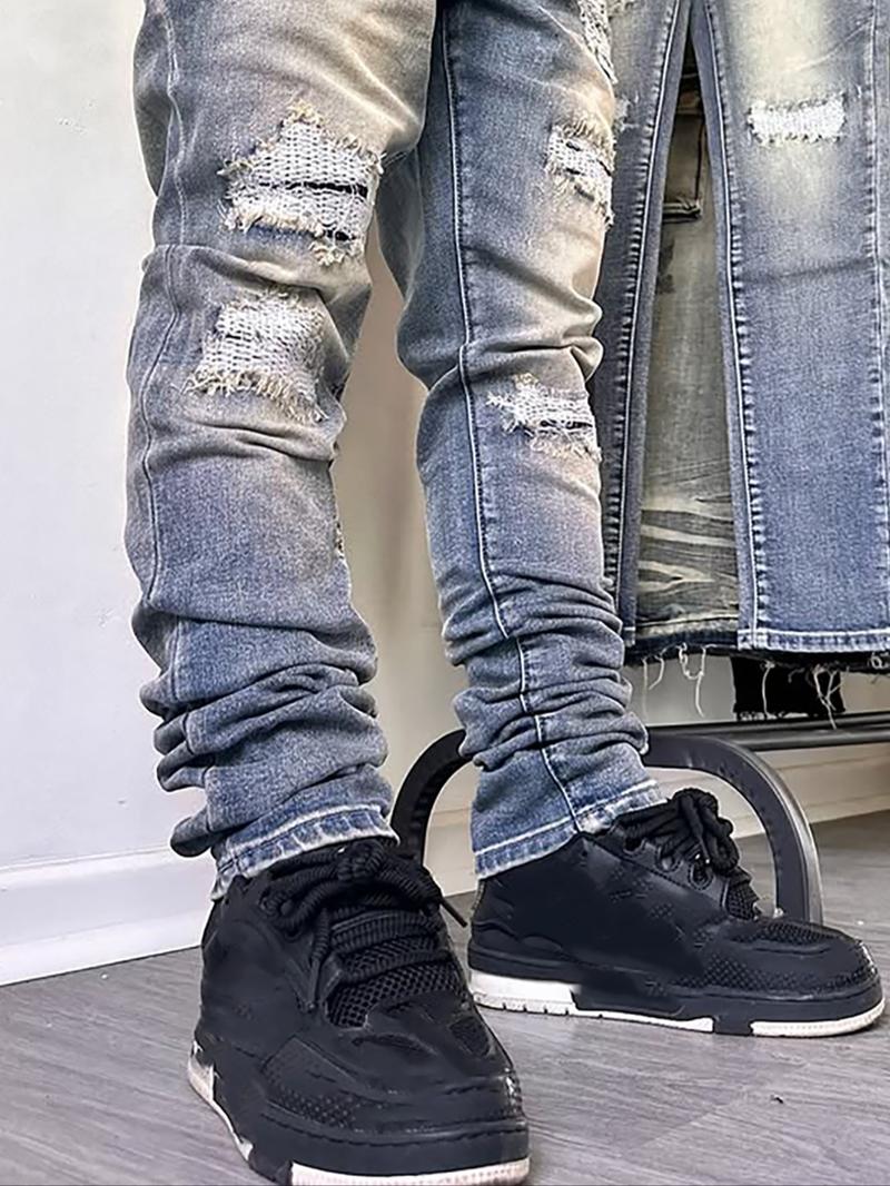 Men's High Street Fashion Jeans, Tight-Fitting Washed Denim Jeans, Versatile Street Style, Essential Clothing for Men, Ripped Jeans Men's High Street Fashion Jeans, Tight-Fitting Washed Denim Jeans, Versatile Street Style, Essential Clothing for Men, Ripped Jeans