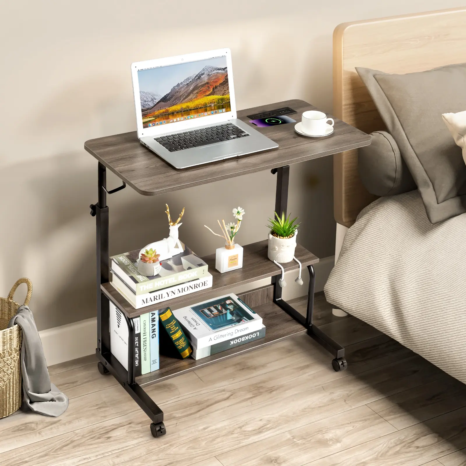 Grey Oak P2 15MM Particle Board with Melamine Coating Adjustable Computer Desk with 3 USB + 2 AC Outlets