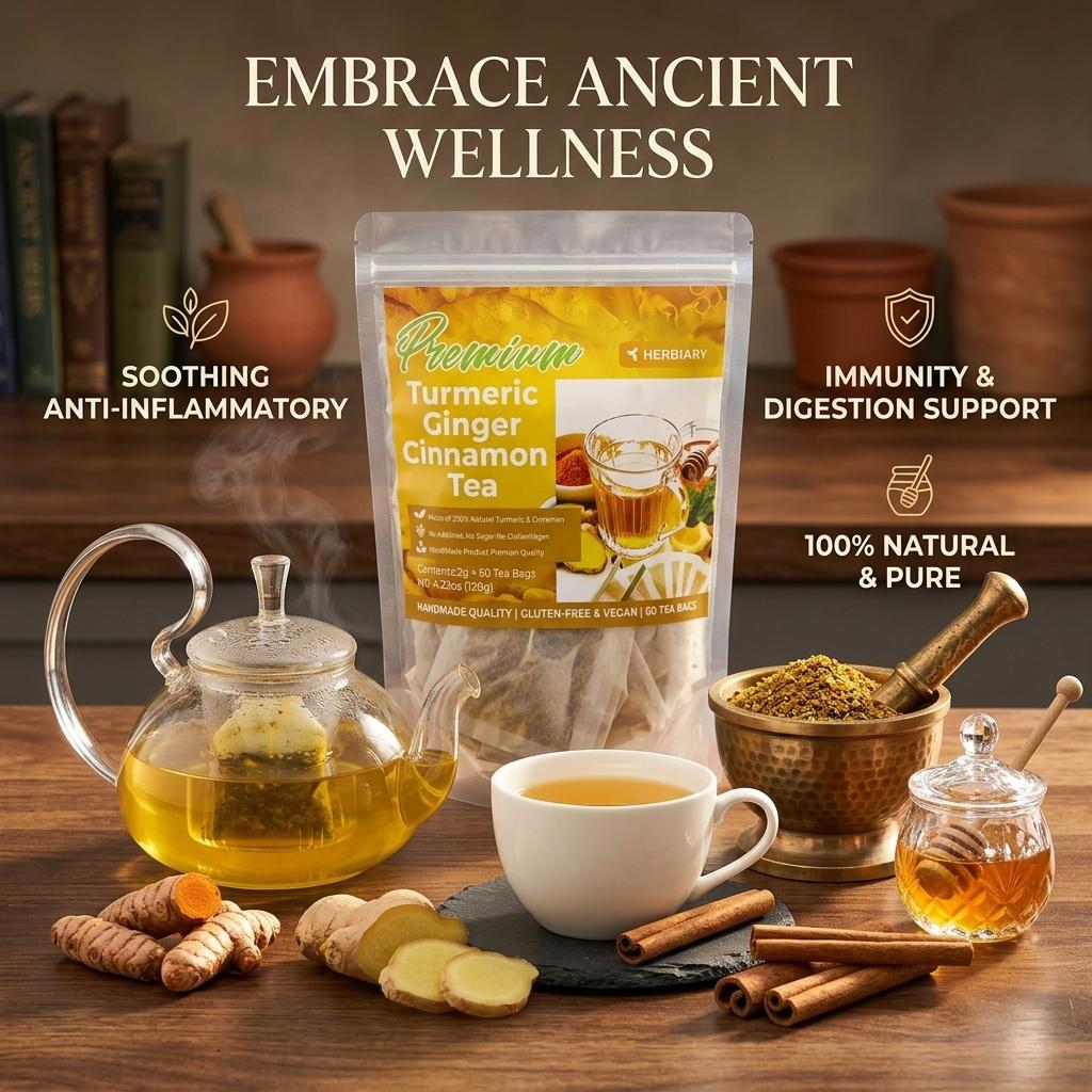 Premium Turmeric Tea Herbal Anti-Inflammatory Tea, Eco-Friendly Tea Bags, Contains Turmeric, Ginger and Cinnamon, Caffeine Free Detox Tea, Sugar Free Gluten Free Vegan Non-GMO, Keto-Friendly 100% natural