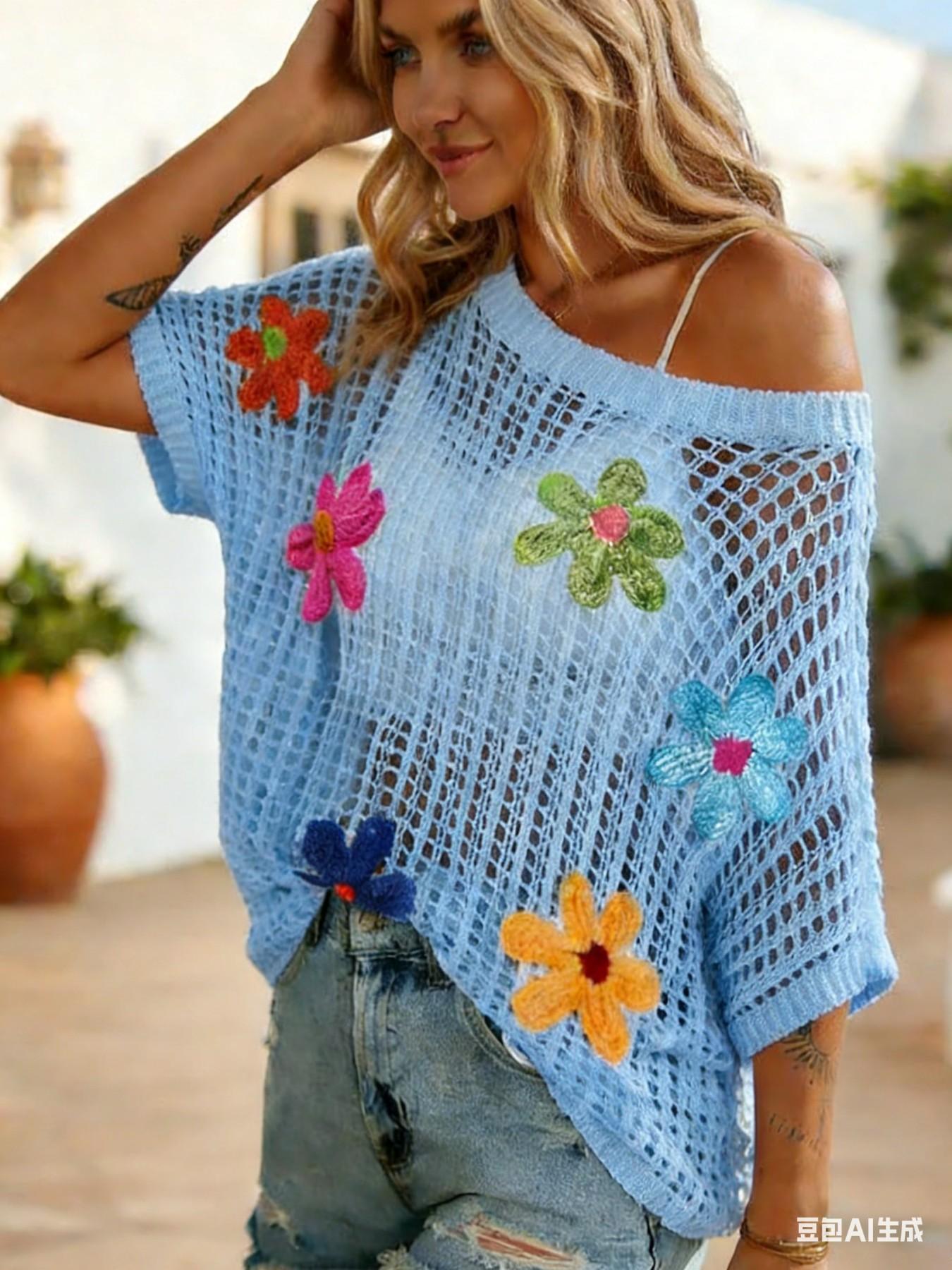 Women's Summer Crochet Floral Short Sleeve Pullover Knit Shirt, Boho Style Loose Fitting Beach Cover-Up for Trendy