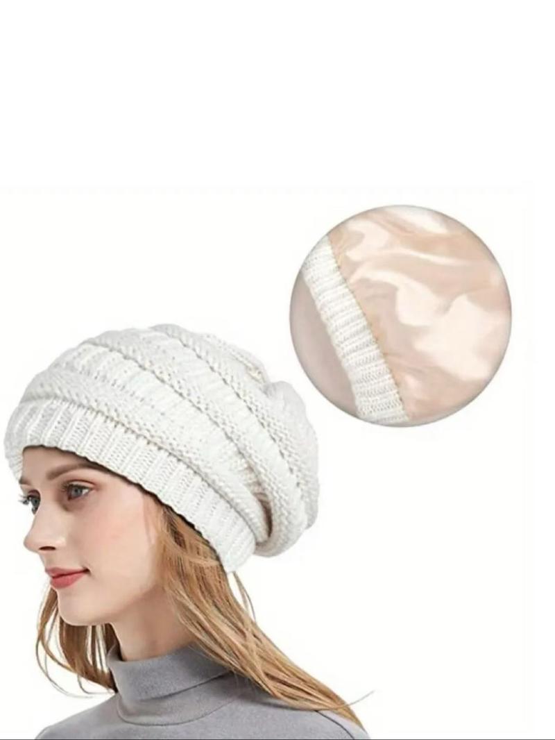Women's Winter Satin Lined Beanie Hat, Knitted Winter Hat, Soft Lightweight Knit Fabric, Comfortable Warm Fashion Accessory for Daily Wear